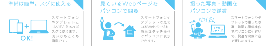 準備は簡単。スグに使える スマートフォンやタブレットとLAVIE さえあればスグに使えます。使い方もとても簡単です。 見ているWebページをパソコンで閲覧 スマートフォンやタブレットで見ているWebページを、簡単なタッチ操作でパソコンに表示できます。 撮った写真・動画をパソコンで鑑賞 スマートフォンやタブレットで撮った写真・動画も、簡単操作でパソコンに引き継いで、快適な映像と音で楽しめます。