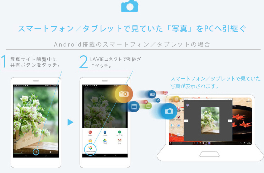 スマートフォンで見ていた「写真」をPCヘ引き継ぐ 1.写真の閲覧途中で共有ボタンをタッチ。 2.LAVIEコネクトを開く。