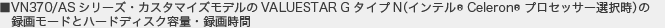 VN370/BSシリーズ・カスタマイズモデルのVALUESTAR G タイプN(インテル® Celeron® プロセッサー選択時)の録画モードとハードディスク容量・録画時間
