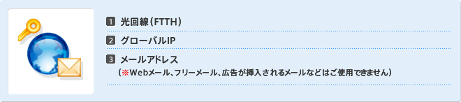 1.光回線（FTTH）　2.グローバルIP　3.メールアドレス（※Webメール、フリーメール、広告が挿入されるメールなどはご使用できません）