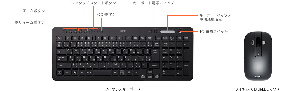 ワイヤレスキーボード、BluetoothR BlueLEDマウス